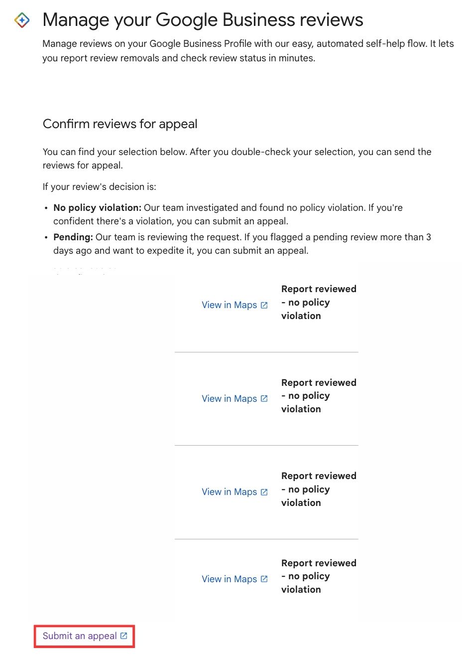 Google Review Management Tool report submit appeal