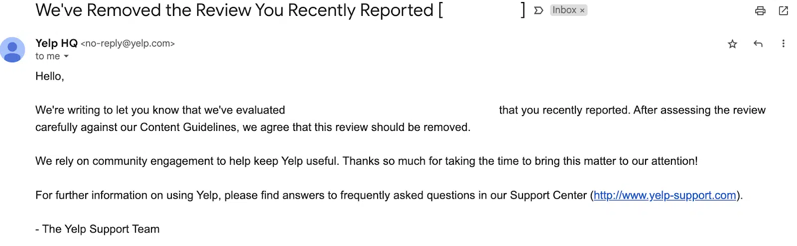 Yelp review removed email