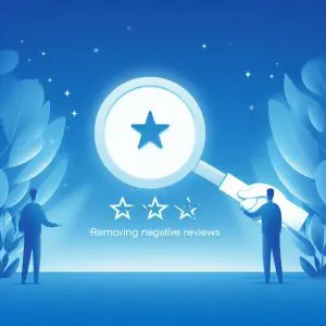 Illustration of a person using a magnifying glass to examine and remove negative reviews, symbolized by stars