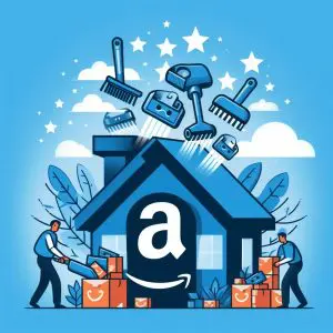 Illustration of cleaning tools shining a house labeled with Amazon's logo while a person organizes boxes outside