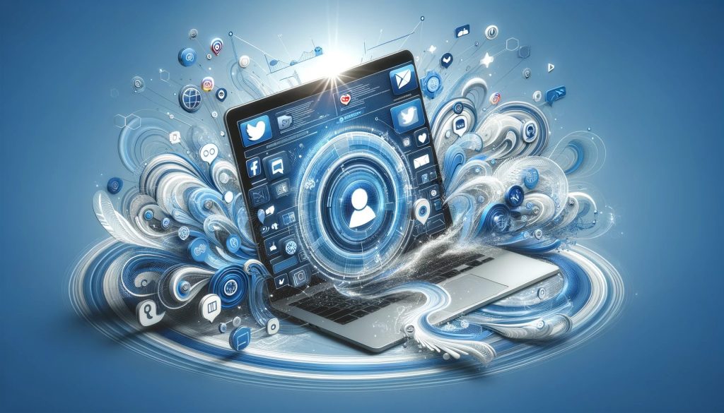 Digital graphic of online reputation management with computer screen, social media icons, and blue-white abstract elements.