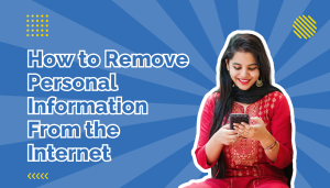 Woman in red outfit smiling at phone