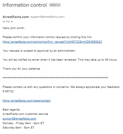 arrestfacts.com removal email confirmation step 6