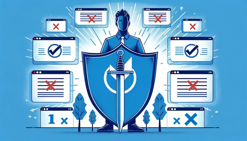 Image of a person with a shield and sword, symbolizing defense against false online claims, with screens showing rebutted allegations.