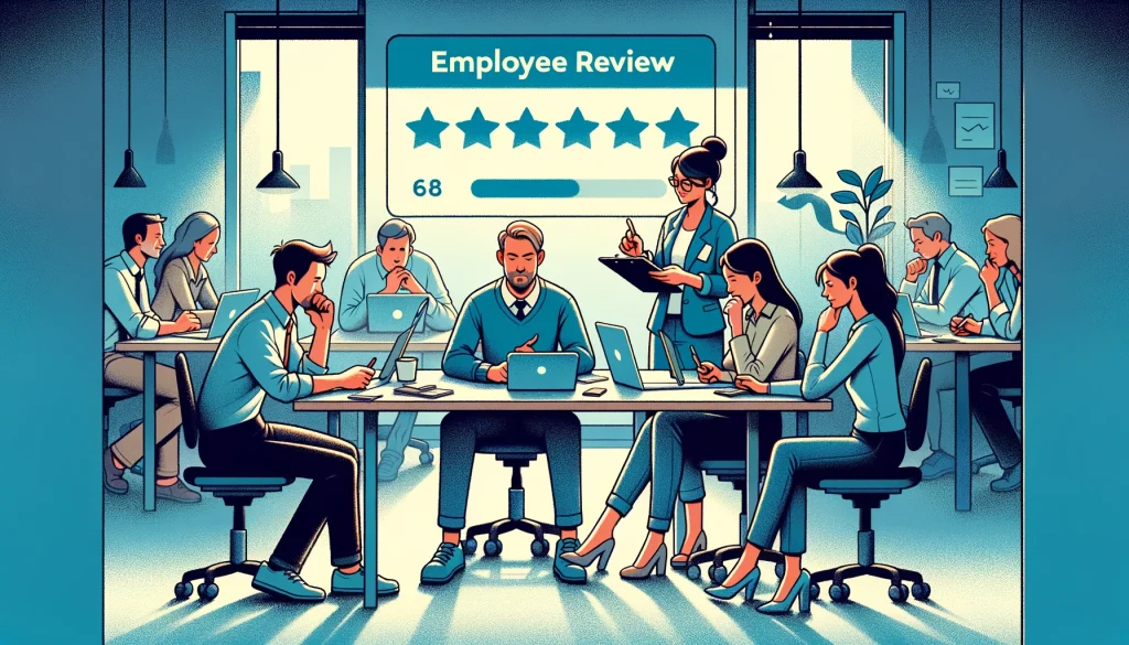 image with a toned-down, graphic cartoon style, focusing on employee reviews on Indeed in a more subdued and professional atmosphere. The characters are depicted engaging in the review process thoughtfully and responsibly, set in a modern office environment. The color scheme is predominantly blue and white, accented with soft, cheerful colors.