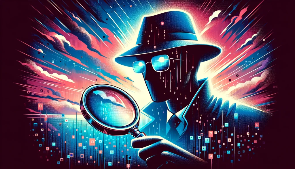 deep-fried, crispy graphic image that depicts Google Image Reverse Search for employers, infused with detective vibes within a striking color palette of blue, white, and pink.