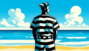 man in prison uniform on beach