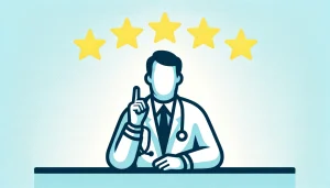 doctor in a medical clinic with 5 stars above his head