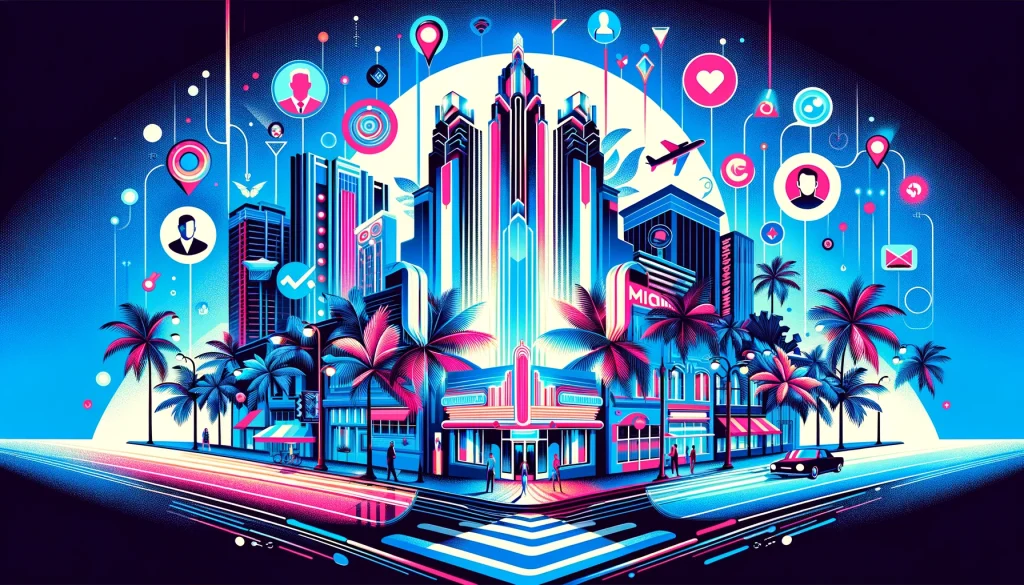 image with a focus on Personal Online Reputation Management, incorporating Miami themes in blue, white, and pink.