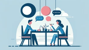 two people talking at a restaurant