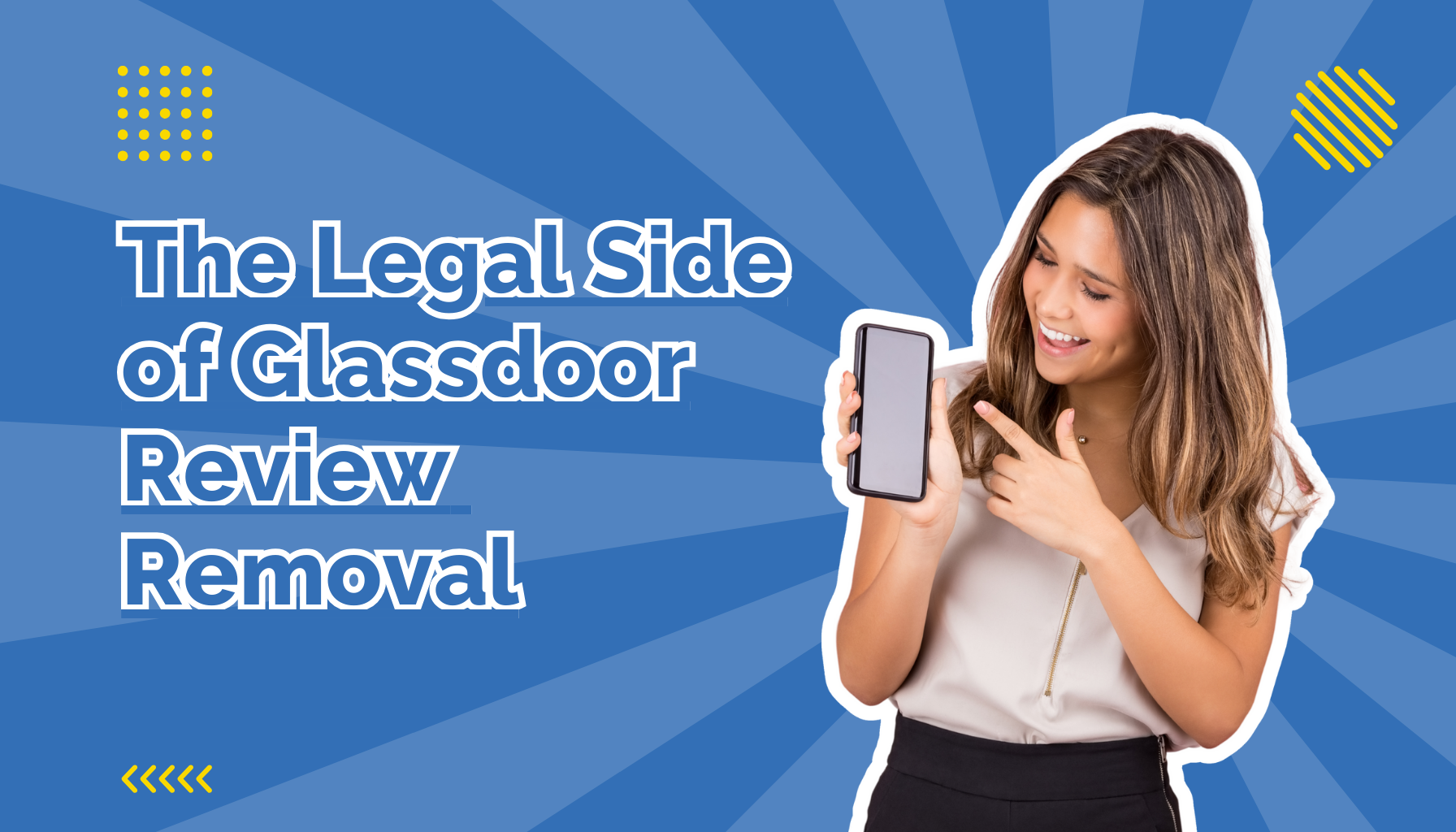 Woman in white blouse smiling and pointing at her phone