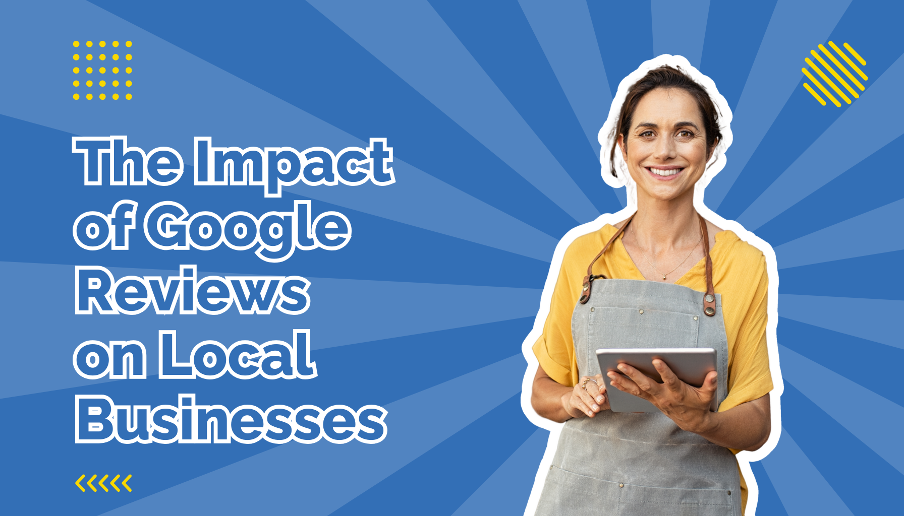 Woman in yellow top and apron holding an ipad