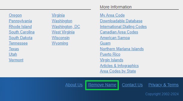 allareacodes.com opt out remove name