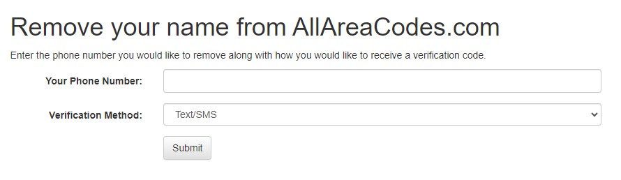 allareacodes.com opt out submit phone number
