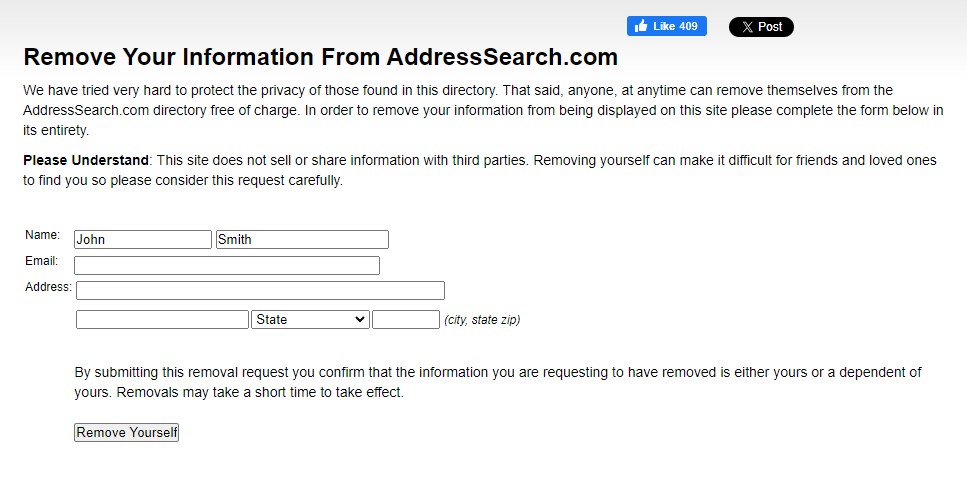 addressearch.com opt out request