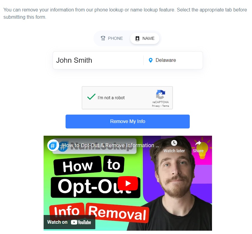 numlookup.com opt out remove my info