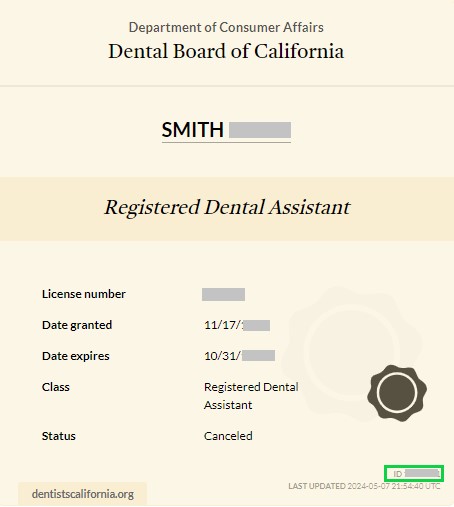 dentistscalifornia.org opt out record ID