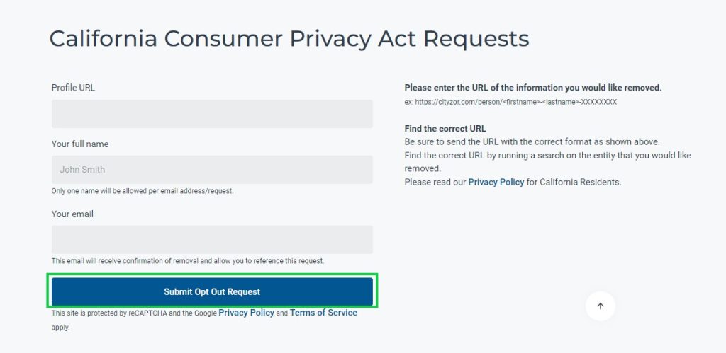 cityzor.com opt out submit opt out request