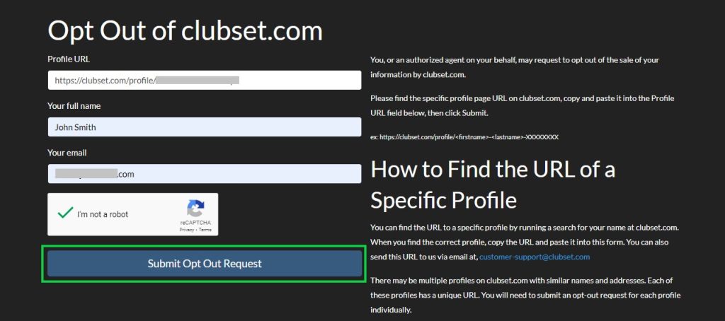clubset.com opt out submit opt out request
