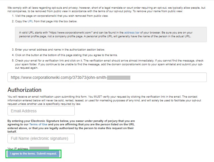 corporationwiki.com opt out submit request