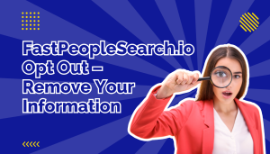 Woman in pink blazer holding up a magnifying glass