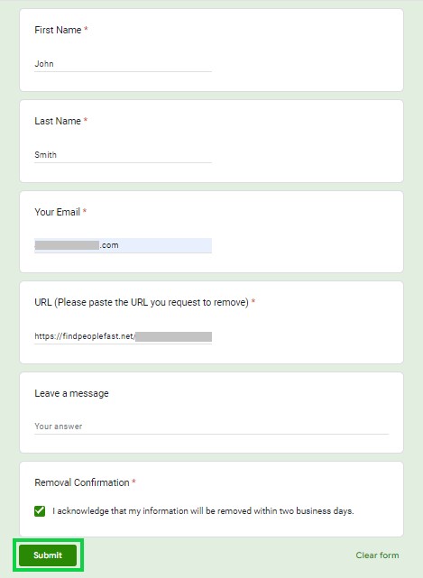 findpeoplefast.net opt out removal request