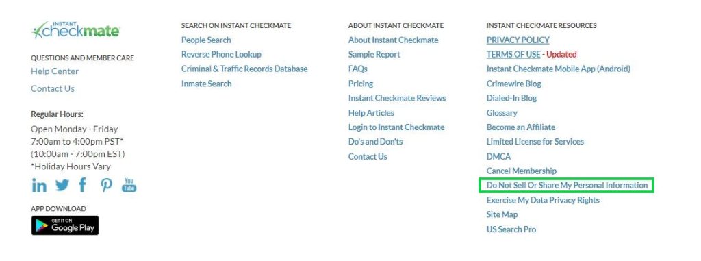 instantcheckmate.com opt out do not sell my personal information