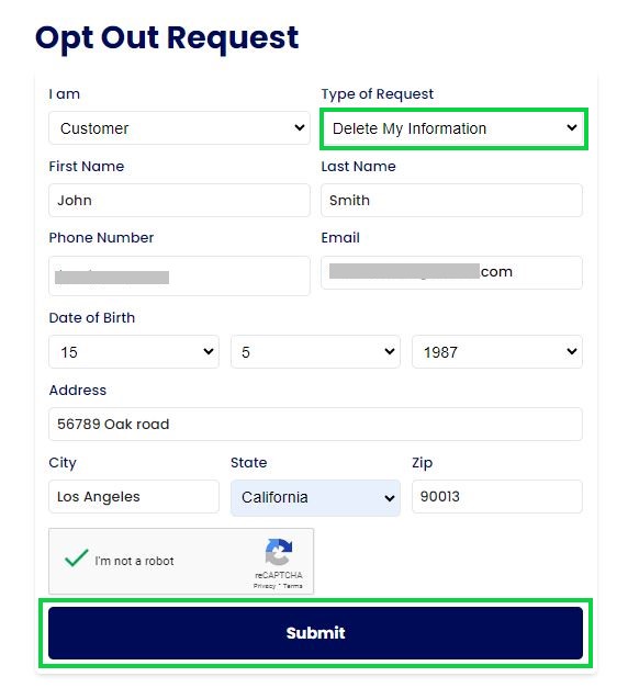 onlinepeoplesearch.com opt out select delete my information and submit the form