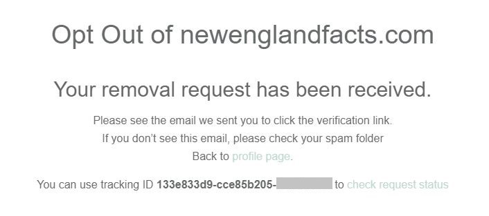 newenglandfacts.com opt out submission confirmation message