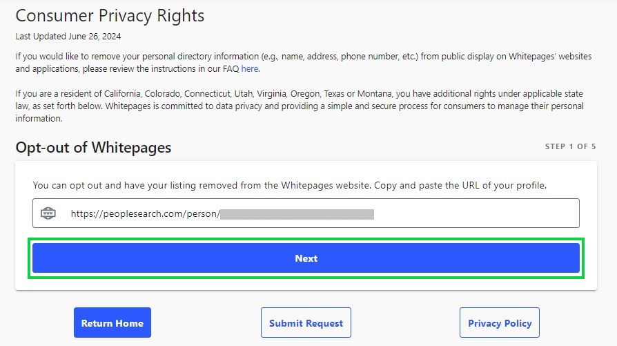 peoplesearch.com opt out paste your profile URL into the field requested and hit next