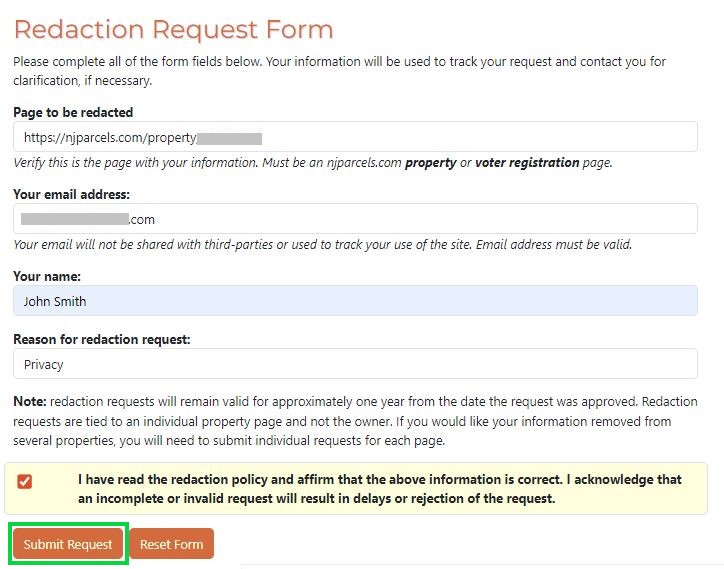 njparcels.com opt out fill out the redaction request form with the requested information