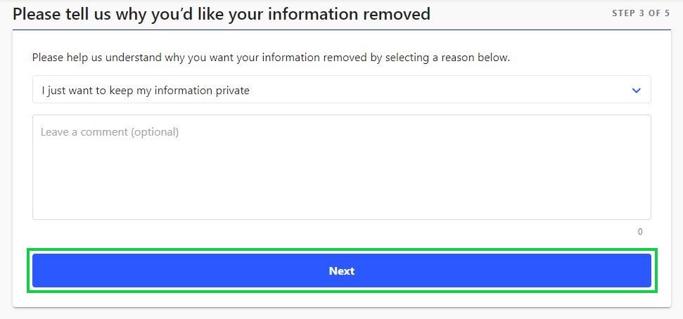 peoplesearch.com opt out select a reason for removal and then press next