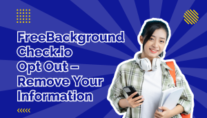 Young woman in grey plaid shirt with headphones around neck holding phone