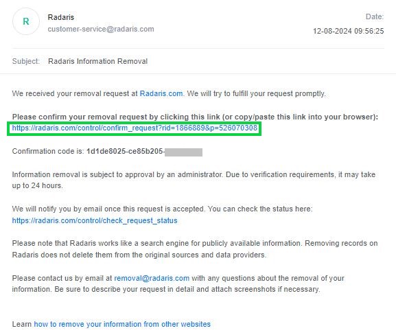 radaris.com opt out removal confirmation