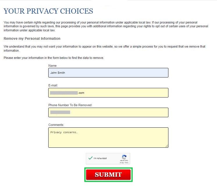 phonenumbers.org opt out removal request form