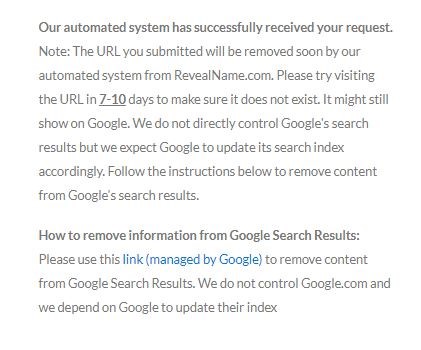 revealname.com opt out removal confirmation message