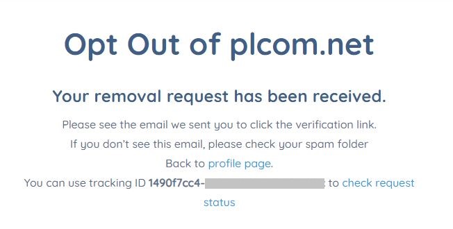 plcom.net opt out removal request confirmation message