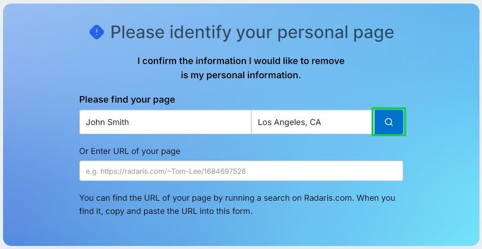 radaris.com opt out search for your info or enter the url to your profile