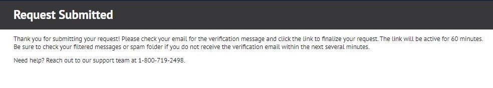 searchpublicrecords.com opt out removal request confirmation message