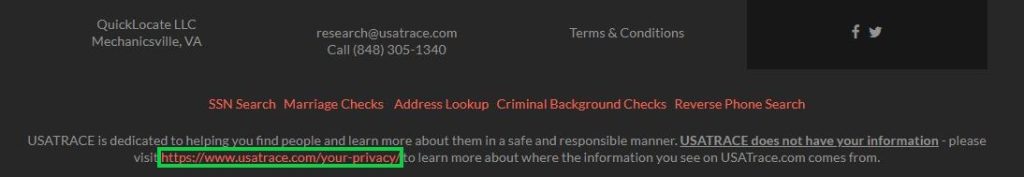 usatrace.com opt out privacy link