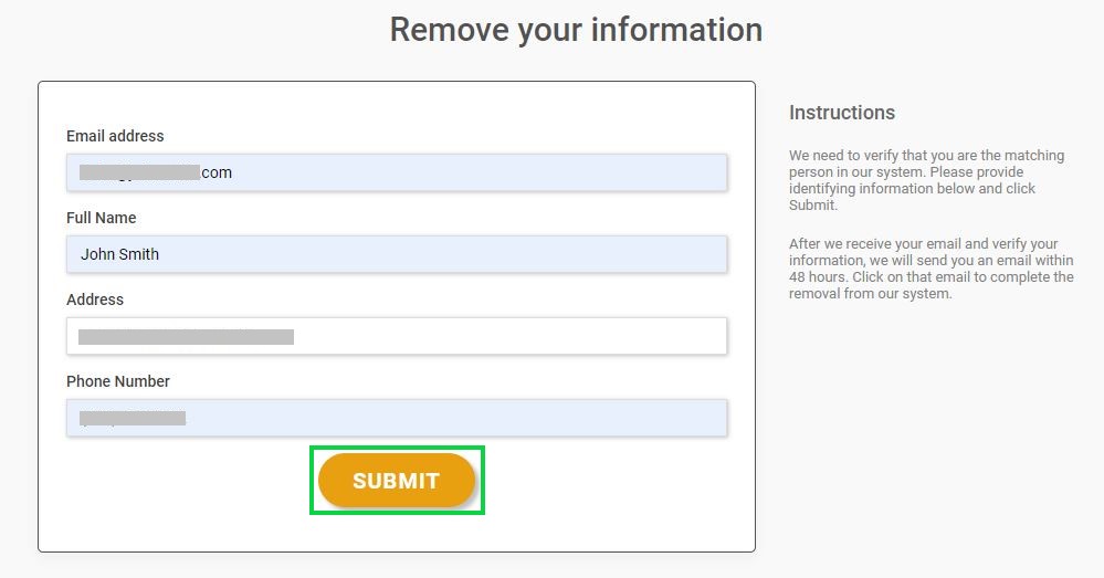 truthrecord.org opt out enter your information in the removeal form