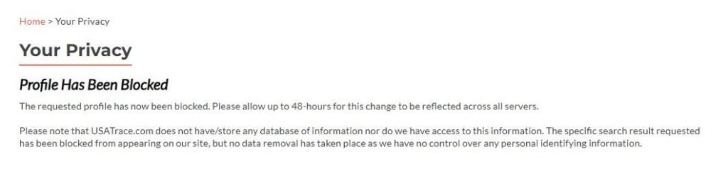 usatrace.com opt out confirmation message