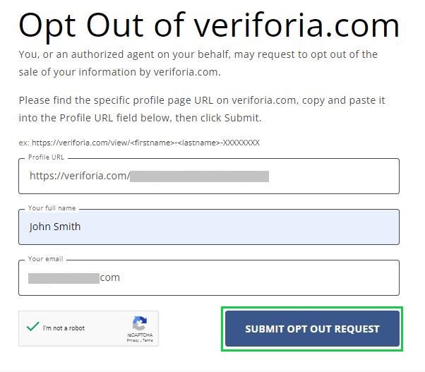 veriforia.com opt out submit the removal request