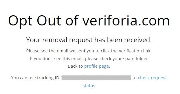 veriforia.com opt out confirmation message