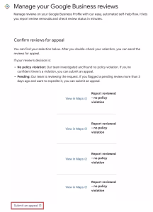 A screenshot of the Confirm reviews for appeal dialogue box within the Google Business profile with the submit an appeal option highlighted by a red box.