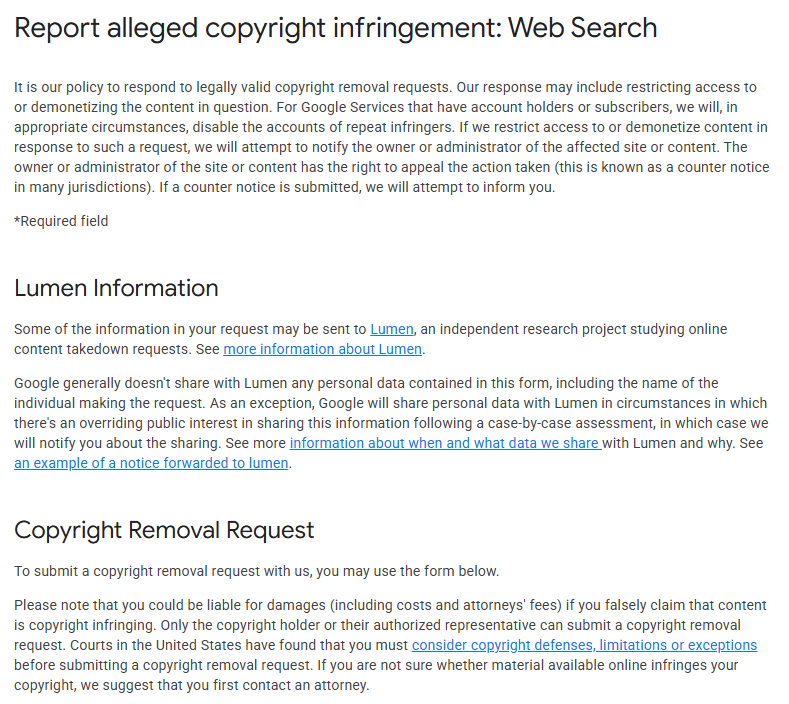 Report alleged copyright infringement Web Search