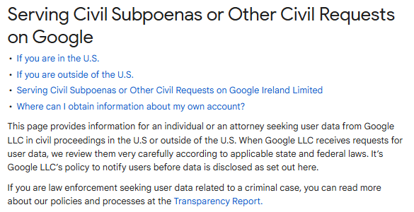Serving Civil Subpoenas or Other Civil Requests on Google