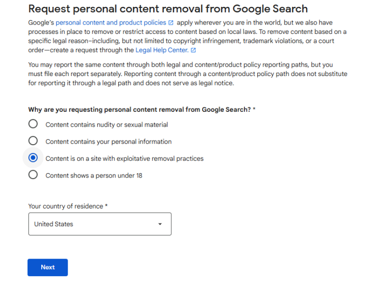 Request personal content removal from Google Search Content is on a site with exploitative removal practices