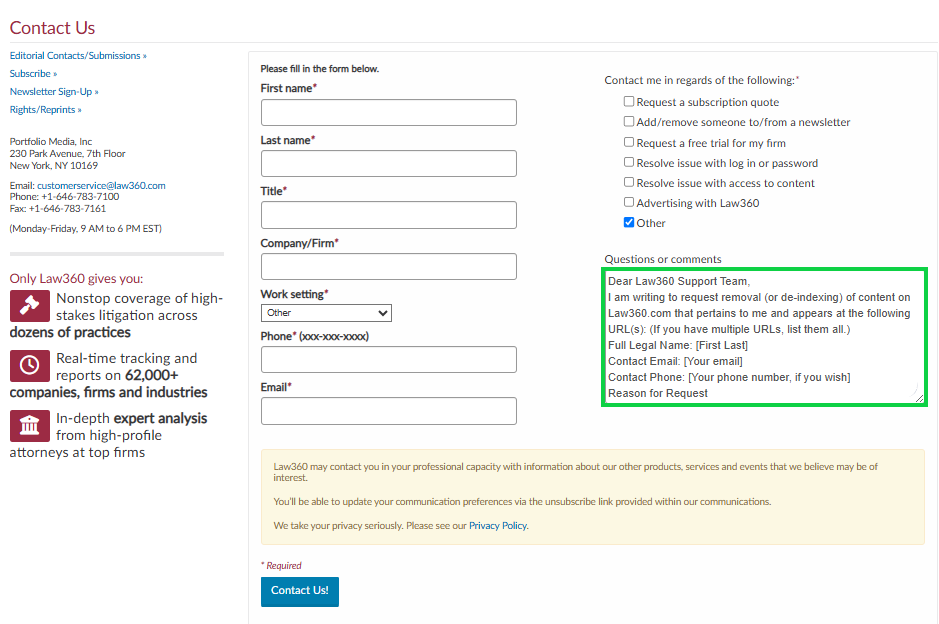 Law360 removal policy opt out of indexing request