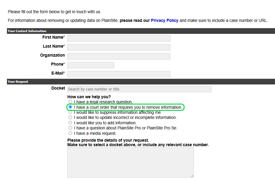 PlainSite contact form